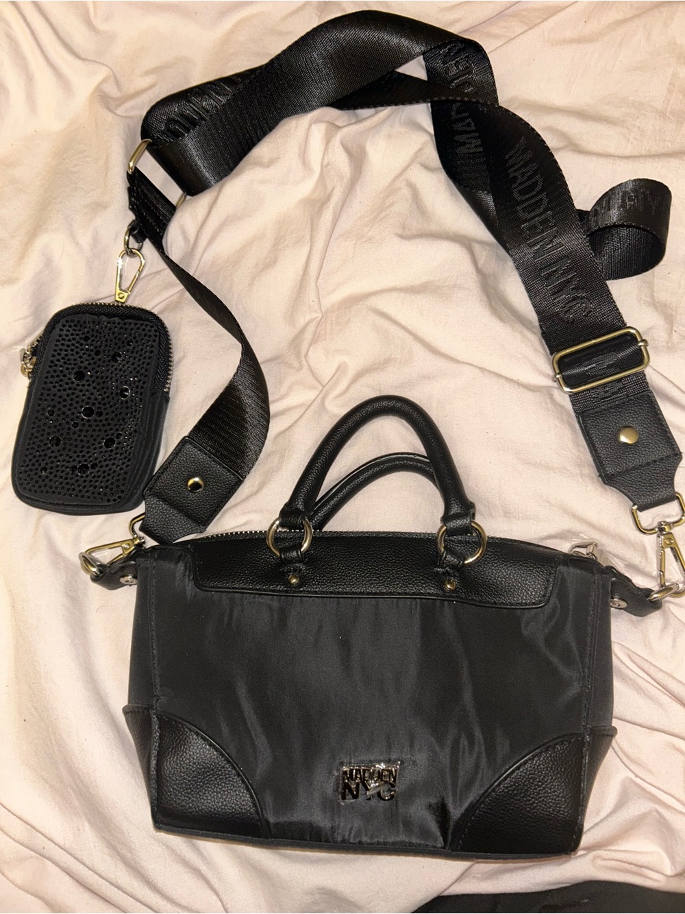 Madden NYC Black Nylon Satchel Crossbody Bag w/ Logo Strap & Matching Zip Pouch